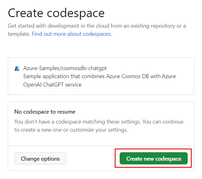 Screenshot of the confirmation screen before creating a new codespace.