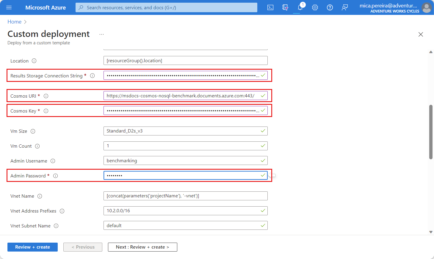Screenshot of the Custom Deployment page with parameters values filled out.