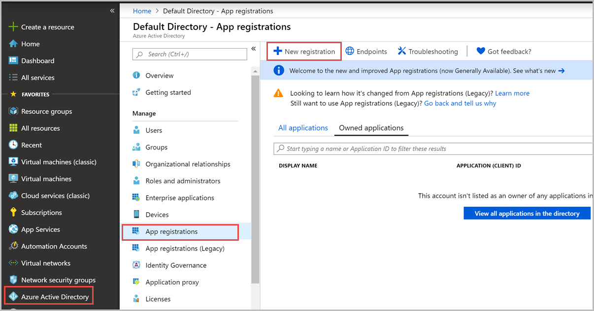 New application registration in Active Directory