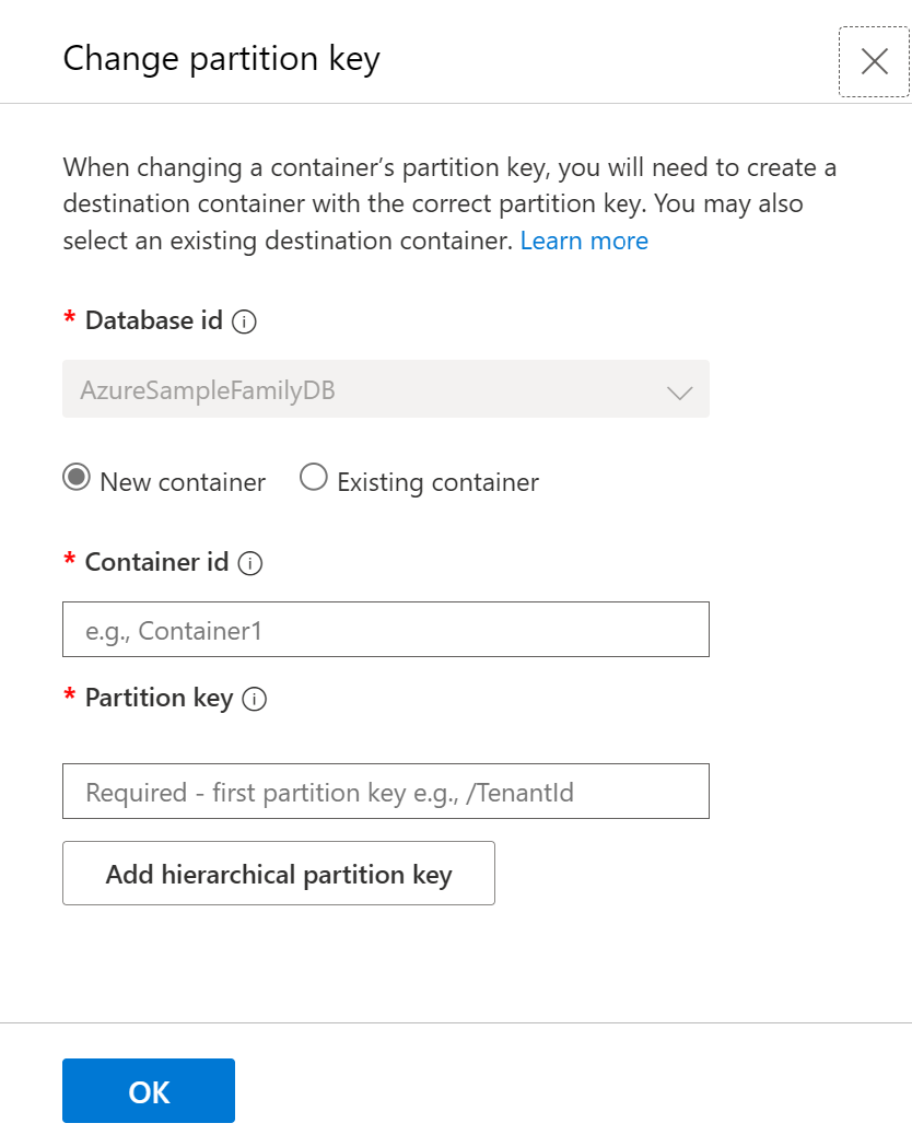 Screenshot of create or select destination container screen while changing partition key in an Azure Cosmos DB account.