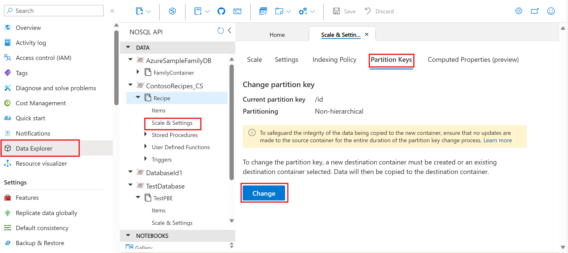 Screenshot of the Change partition key feature in the Data Explorer in an Azure Cosmos DB account.