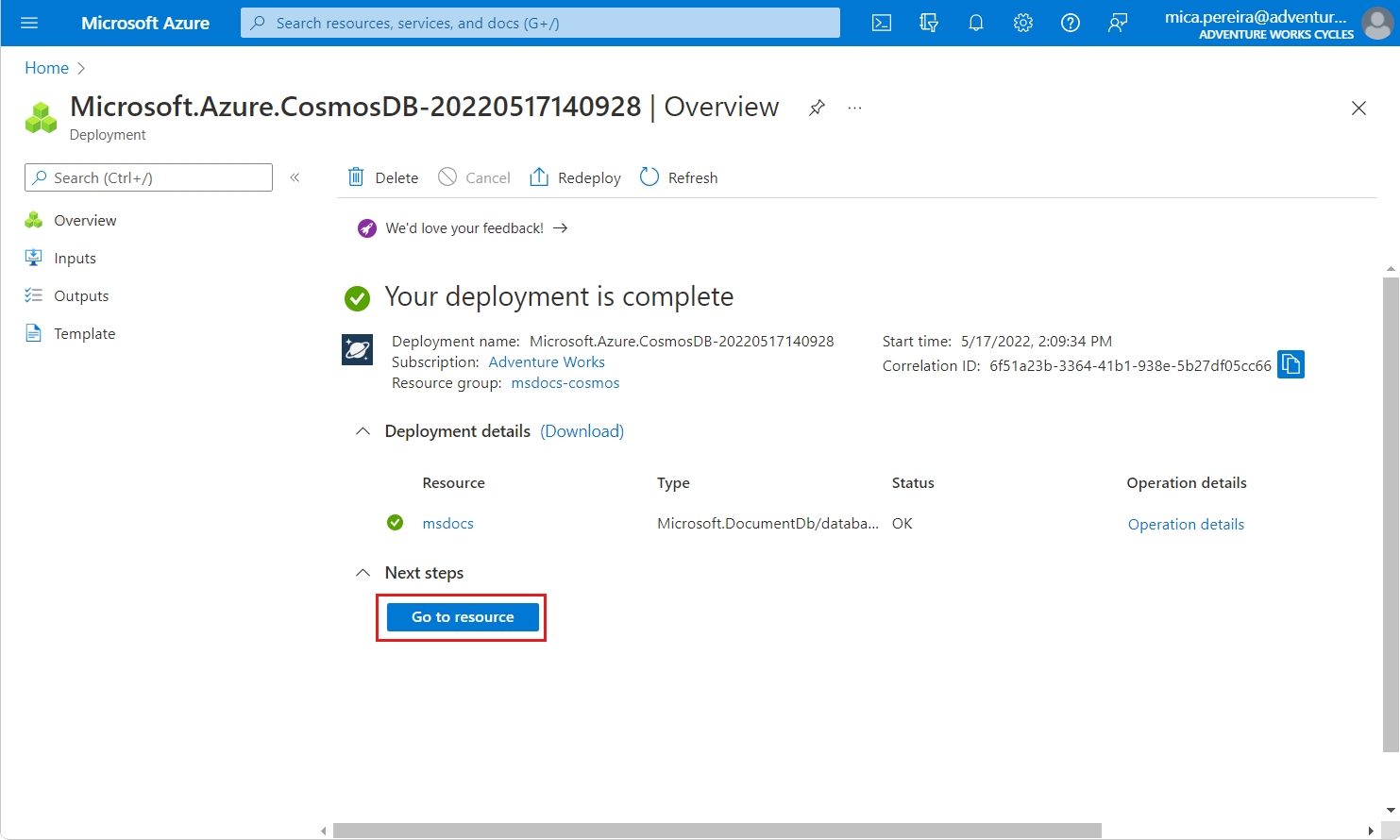 Screenshot of deployment page for Azure Cosmos DB DB SQL API resource.