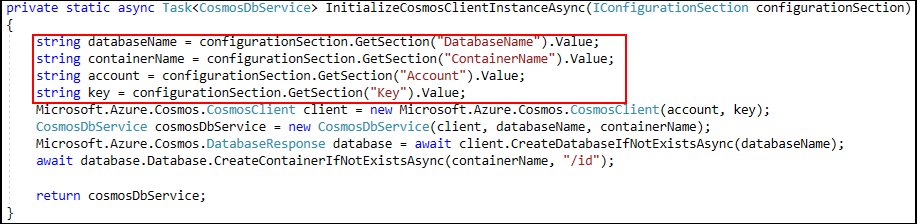 Screenshot shows a method with several string variables marked in red, including databaseName, containerName, account, and key.