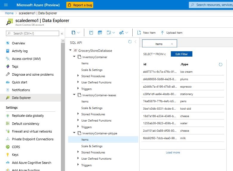 Screenshot shows the Data Explorer page for an Azure Cosmos DB account with Items selected.