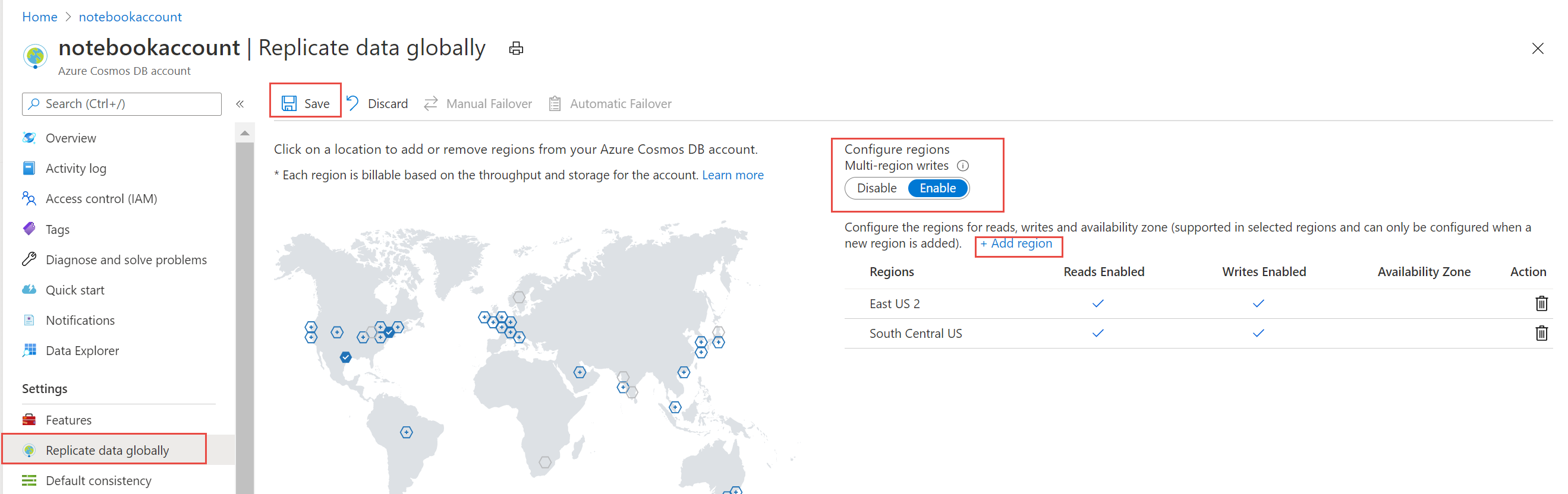 Screenshot to enable multi-region writes using Azure portal