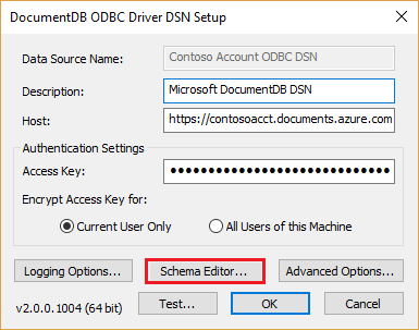 Screenshot that shows the Schema Editor button in the D S N Setup window.