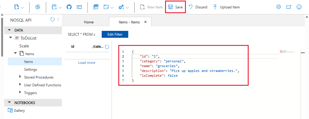 Copy in json data and select Save in Data Explorer in the Azure portal