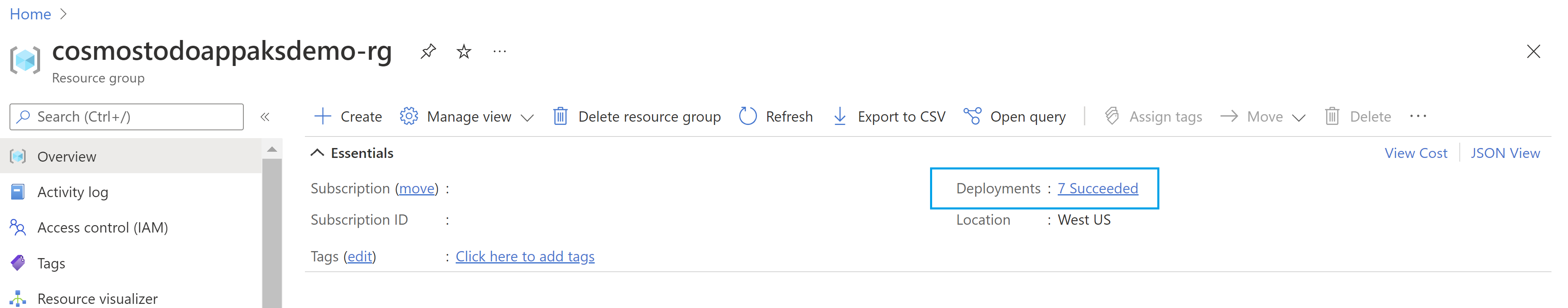 Screenshot of the deployment status for the resource group in the Azure portal.