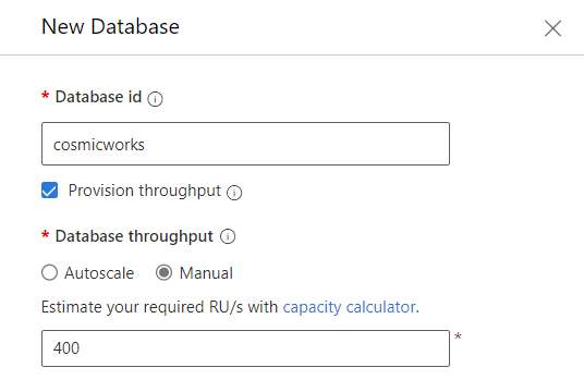 Screenshot of the New Database dialog in the Data Explorer with various values in each field.