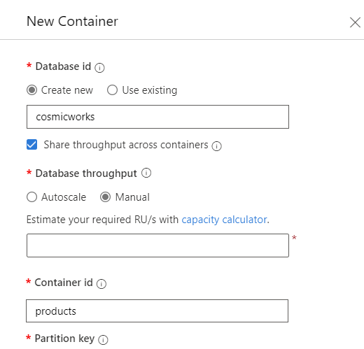 Screenshot of the New Container dialog in the Data Explorer with various values in each field.