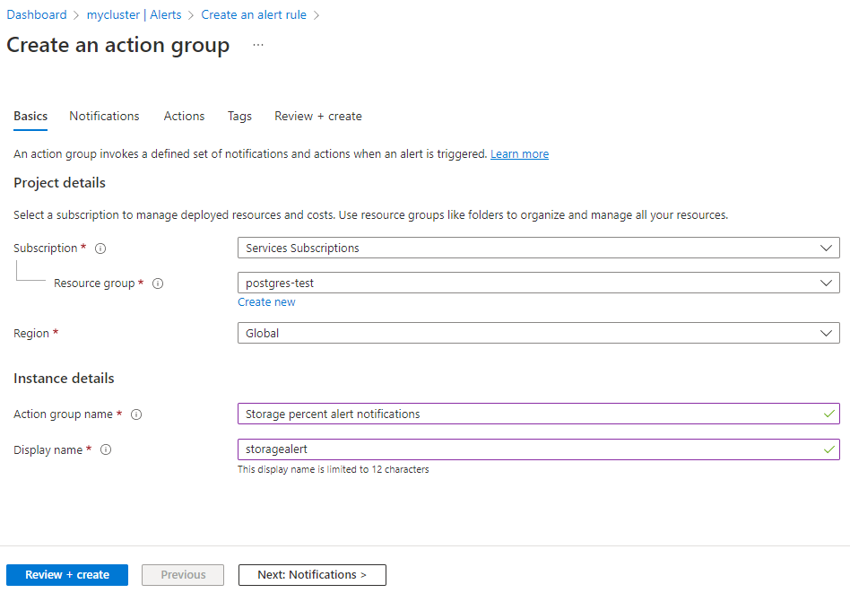 Screenshot that shows the Create an action group form.