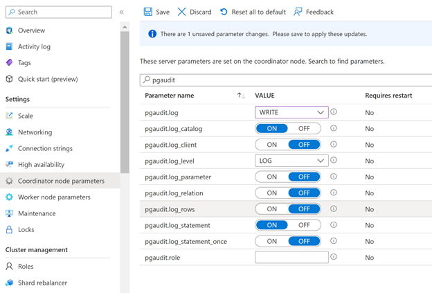 Screenshot of audit parameters in Azure portal.