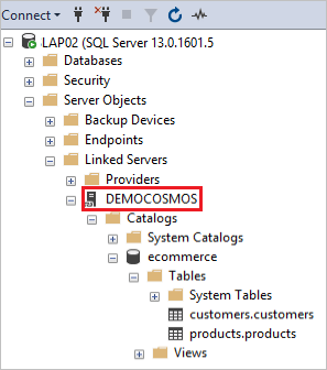 Screenshot showing a linked server in S S M S.