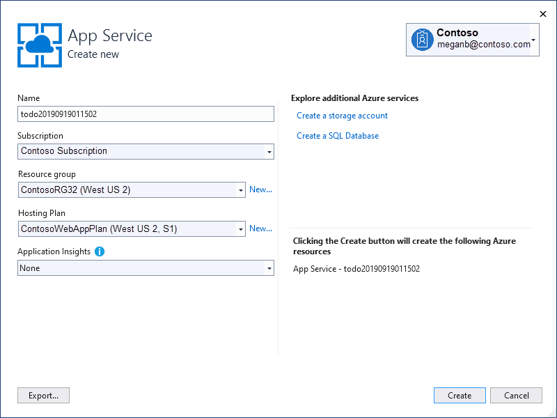 Create App Service dialog box in Visual Studio