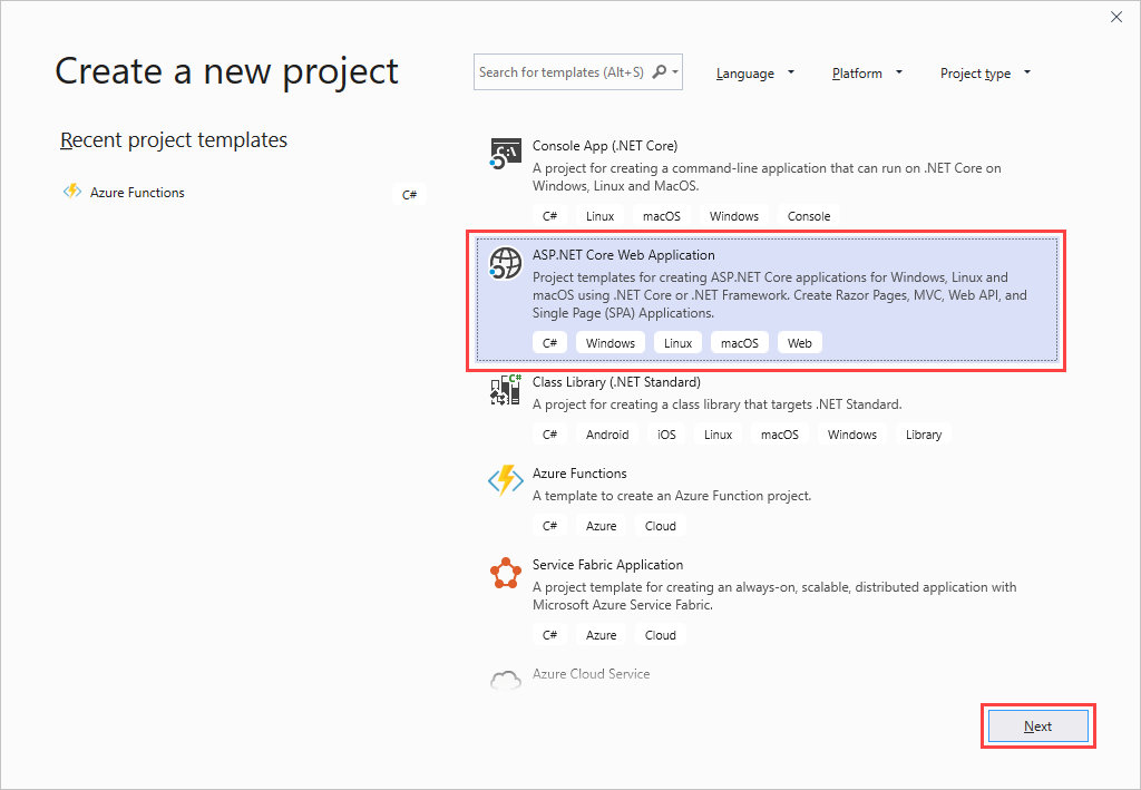Create new ASP.NET Core web application project