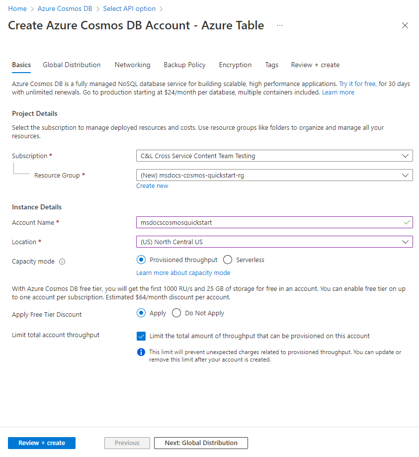 A screenshot showing how to create a Cosmos DB account using the Table API.