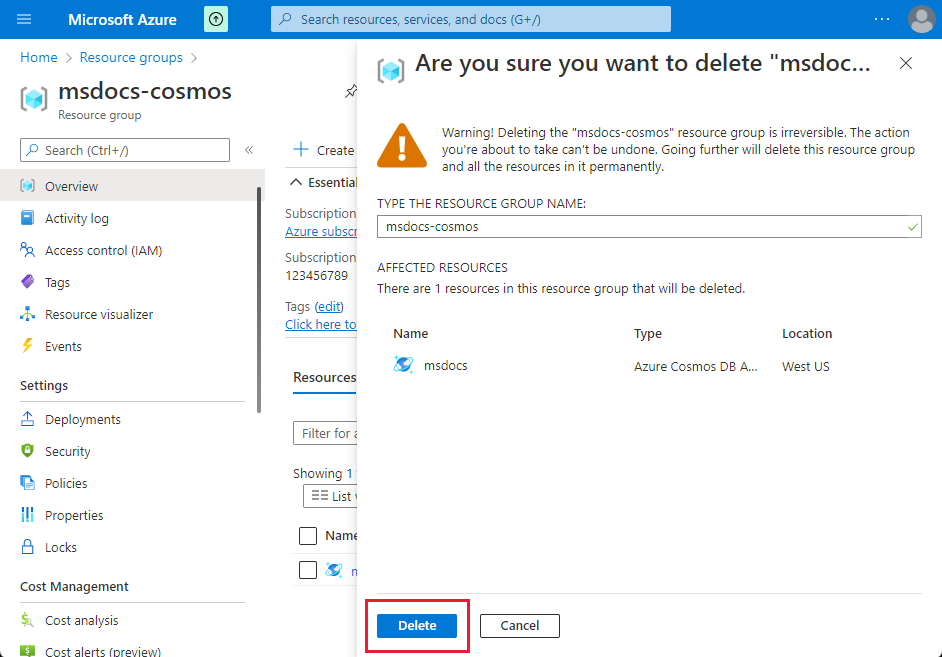 Screenshot of the delete confirmation page for a resource group.