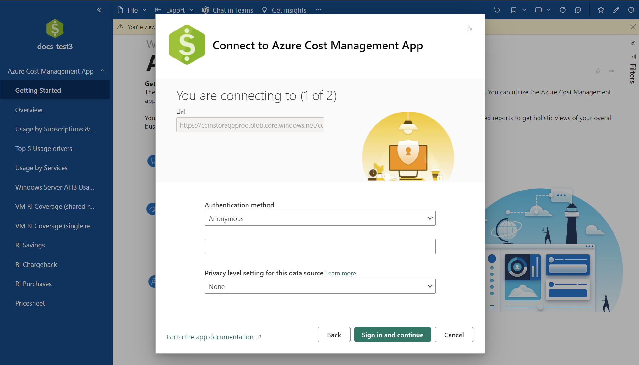 Screenshot showing the Connect to Cost Management App dialog box with default values to connect with.