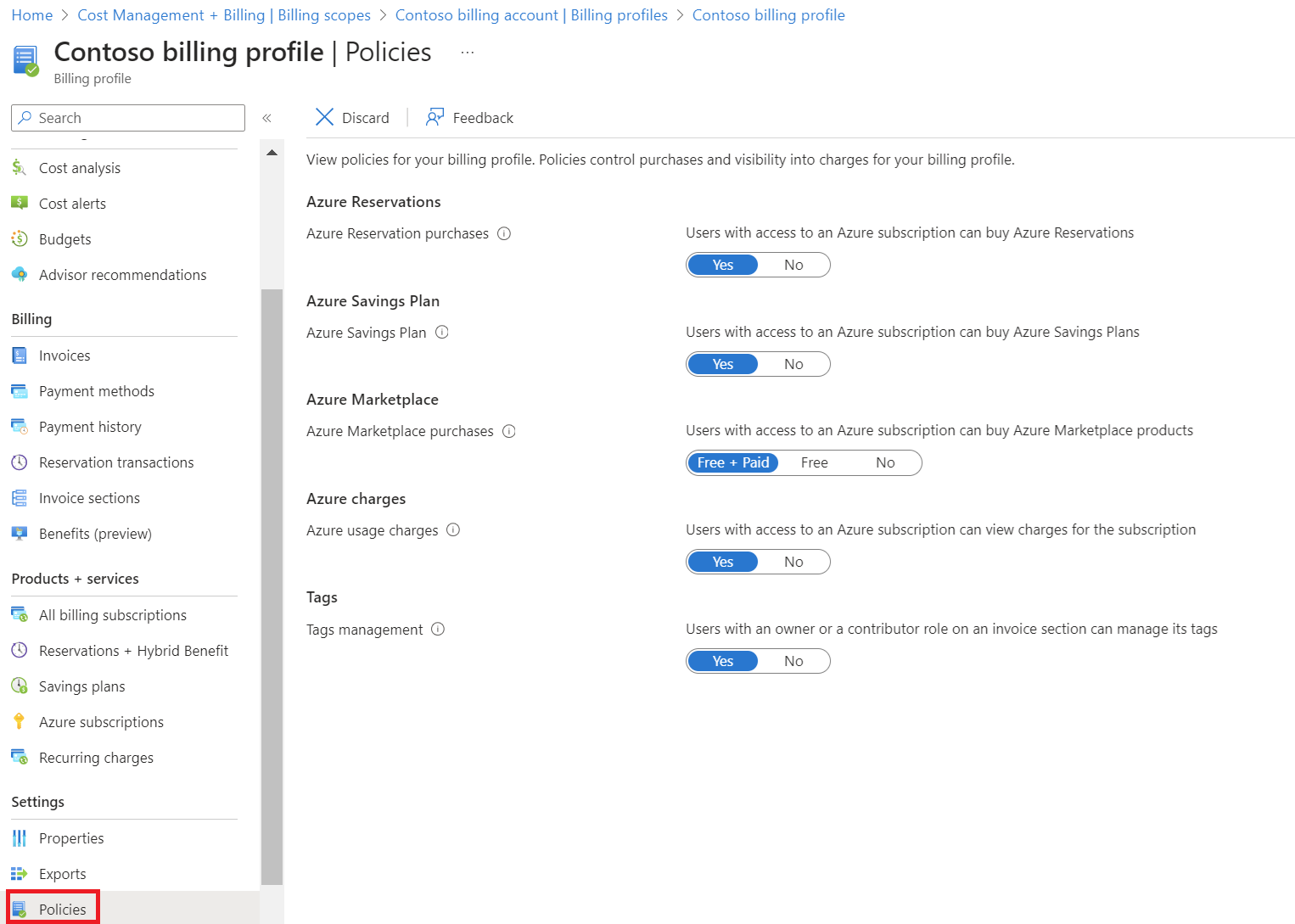 Screenshot showing the billing profile Policies page and options.