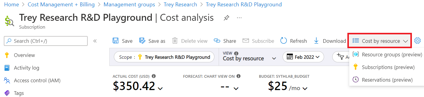 Screenshot showing the Cost by resource list.