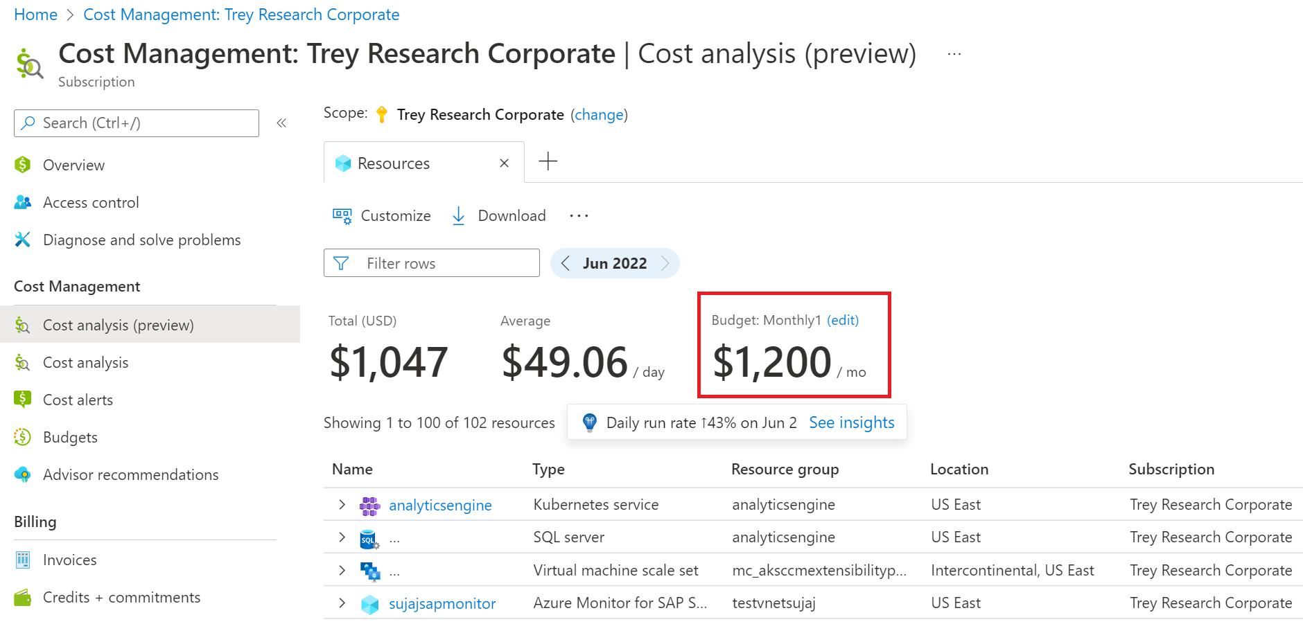 Screenshot showing Budget in the cost analysis preview.