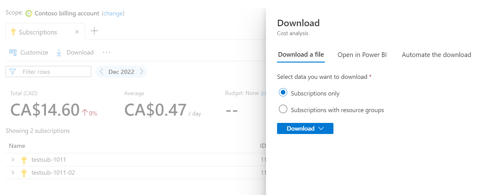 Screenshot showing the Download options in cost analysis. 