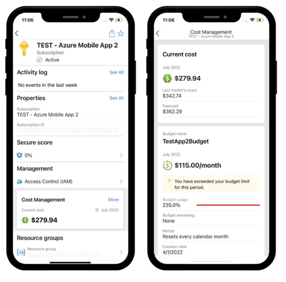 Screenshot showing budgets in the Azure app.