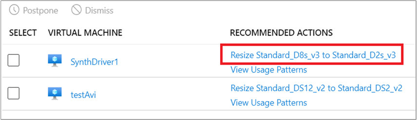 Example recommendation with the option to resize the virtual machine