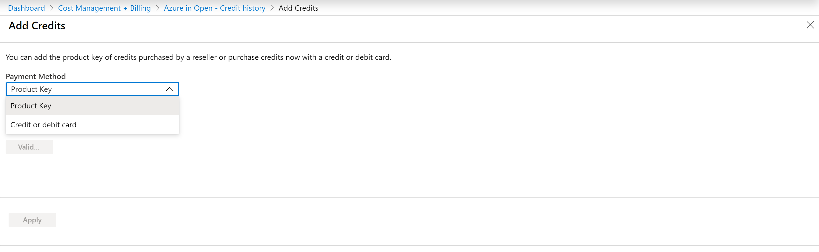 Screenshot that shows payment method list in add credits window.