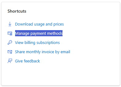 Screenshot of the billing profile shortcuts panel with Manage payment methods highlighted.
