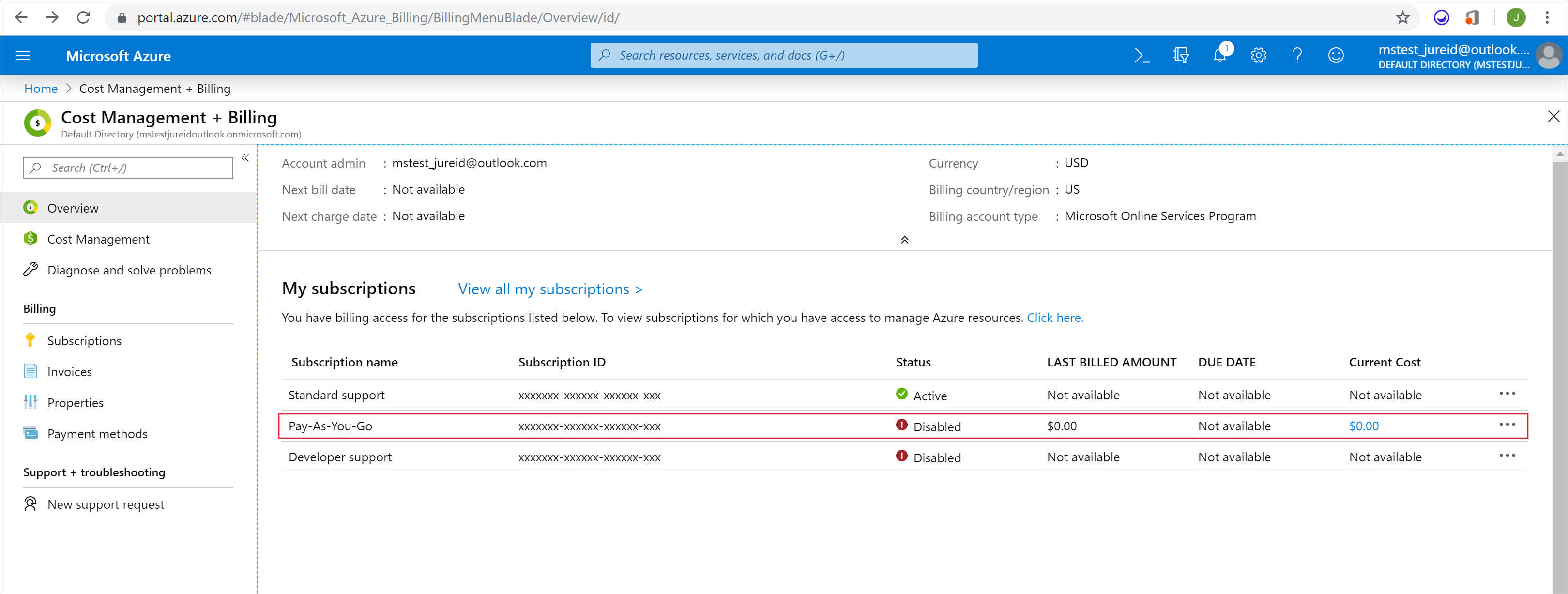 Screenshot shows the Cost Management + Billing page where you can select a subscription.