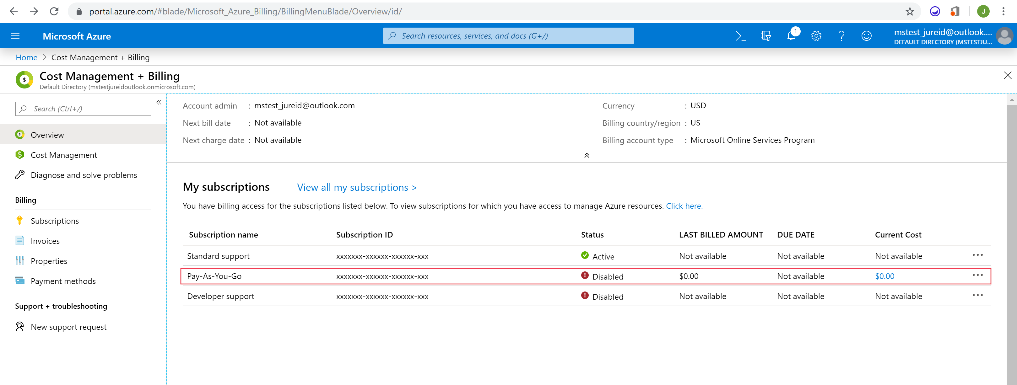 Screenshot showing the Cost Management + Billing page where you can select a subscription.