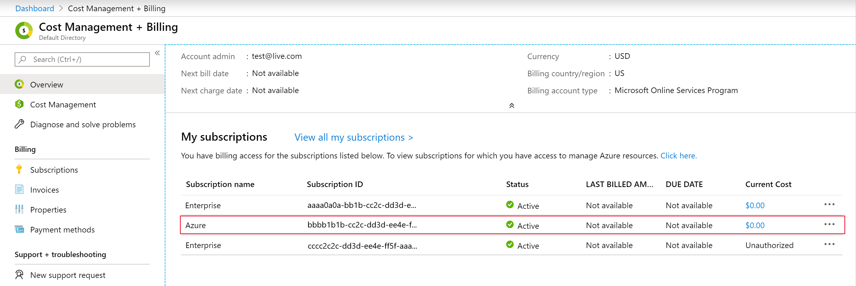 Screenshot shows the My subscriptions area where you can select your Azure in Open subscription.