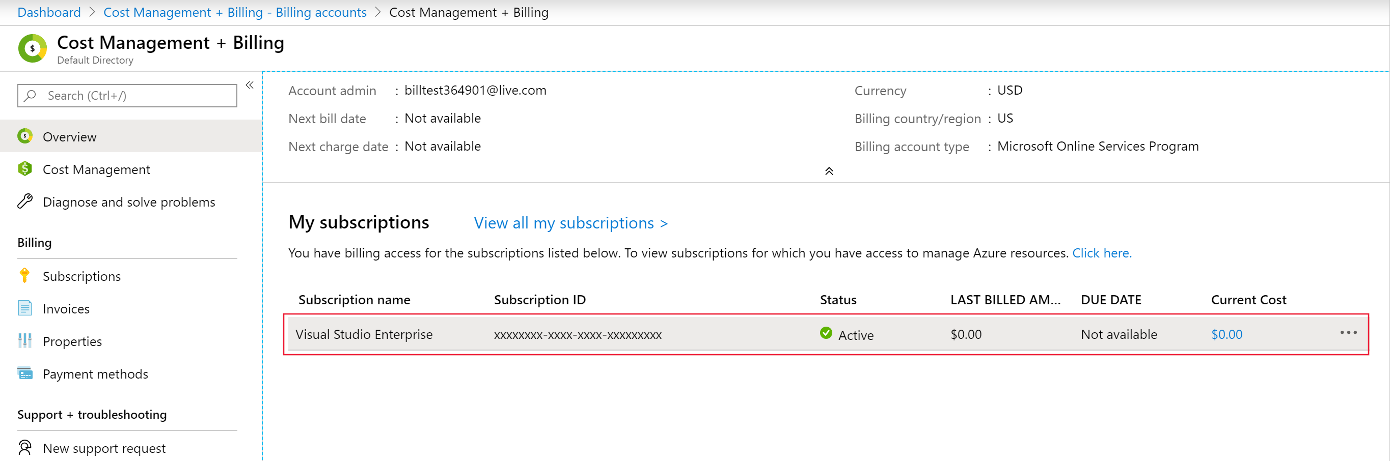 Screenshot shows the My subscriptions area where you can select your Visual Studio Enterprise subscription.