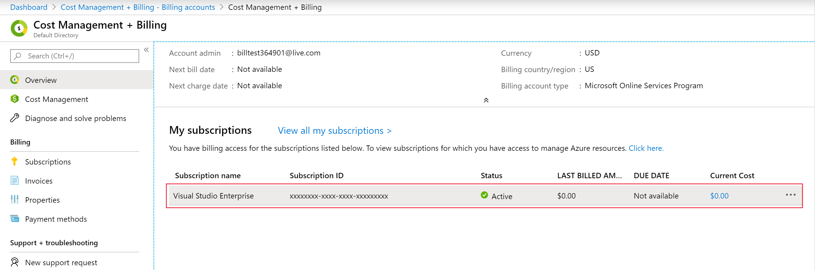 Screenshot that shows the My subscriptions area where you can select your Visual Studio Enterprise subscription.