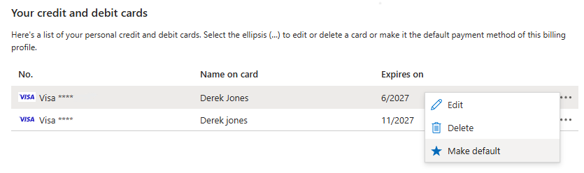 Screenshot of the payment method overflow menu with Make default option highlighted.