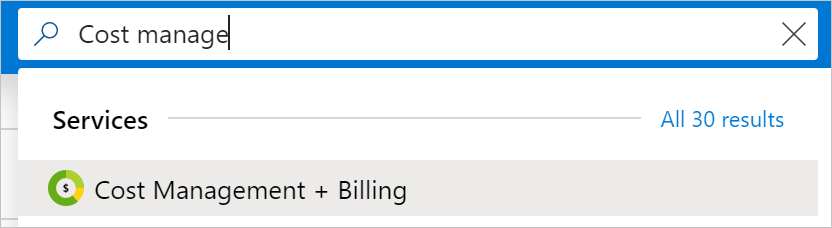 Screenshot showing search for Cost Management + Billing.