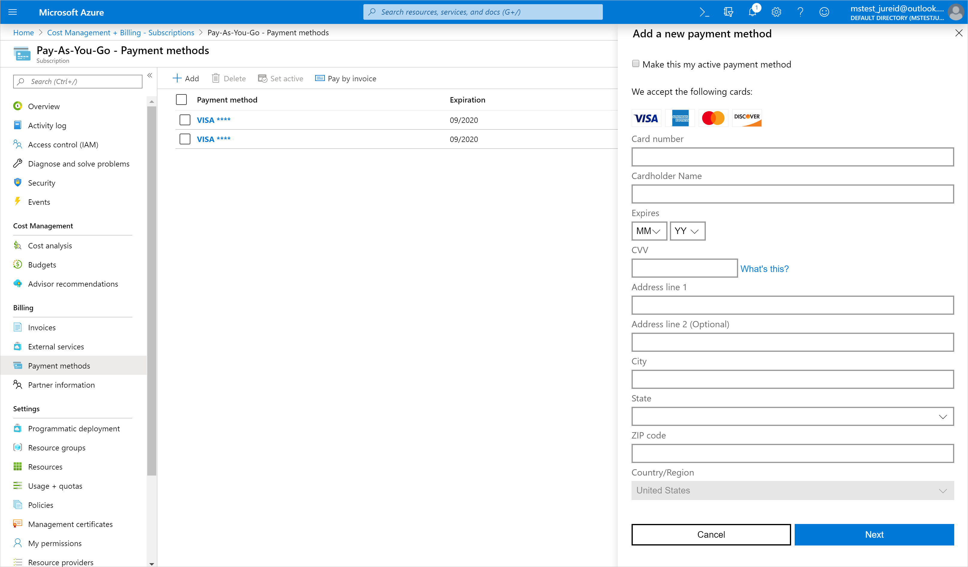 Screenshot that shows add credit card form.