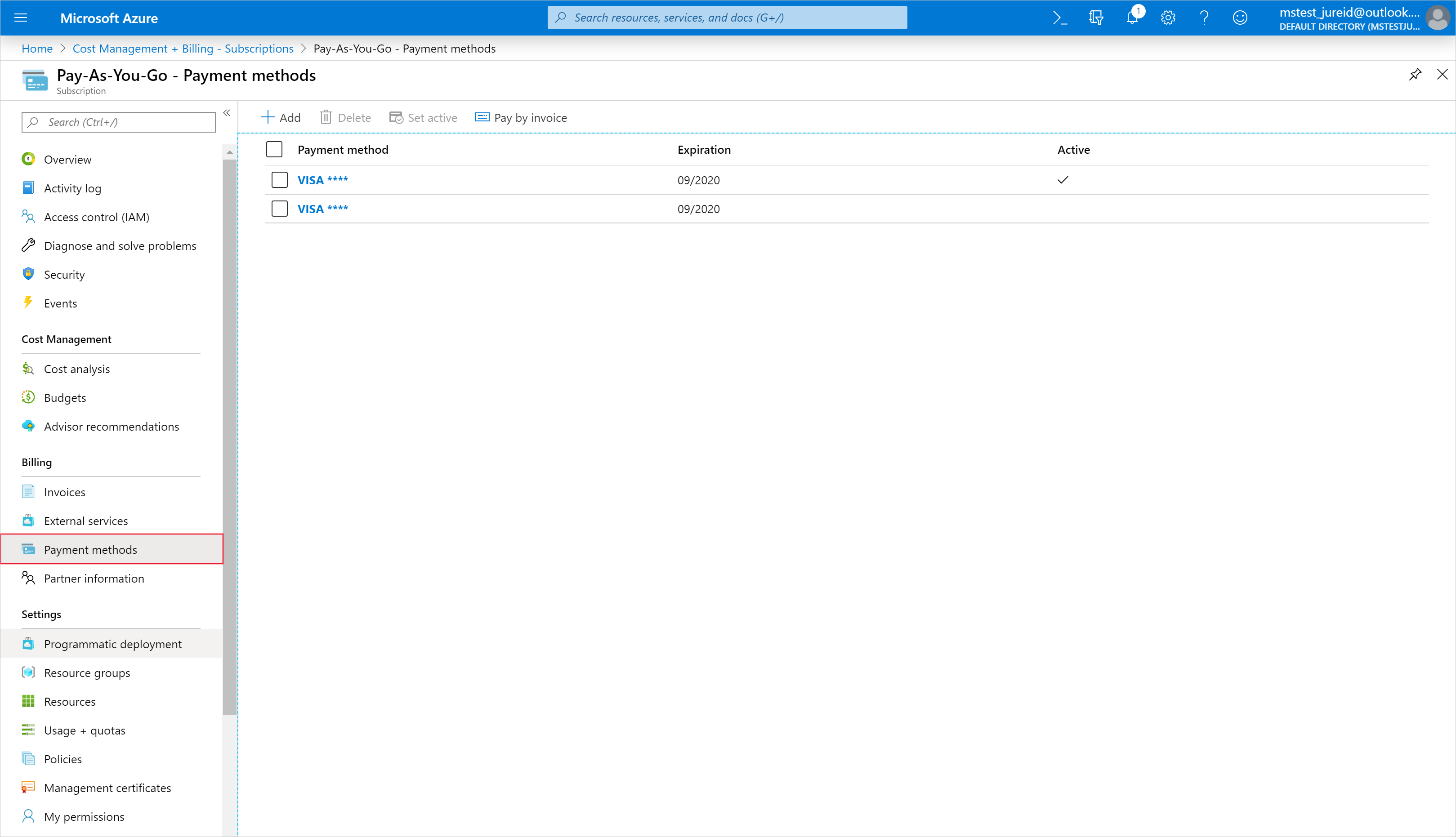 Screenshot showing the Payment methods page where you can add a payment method.