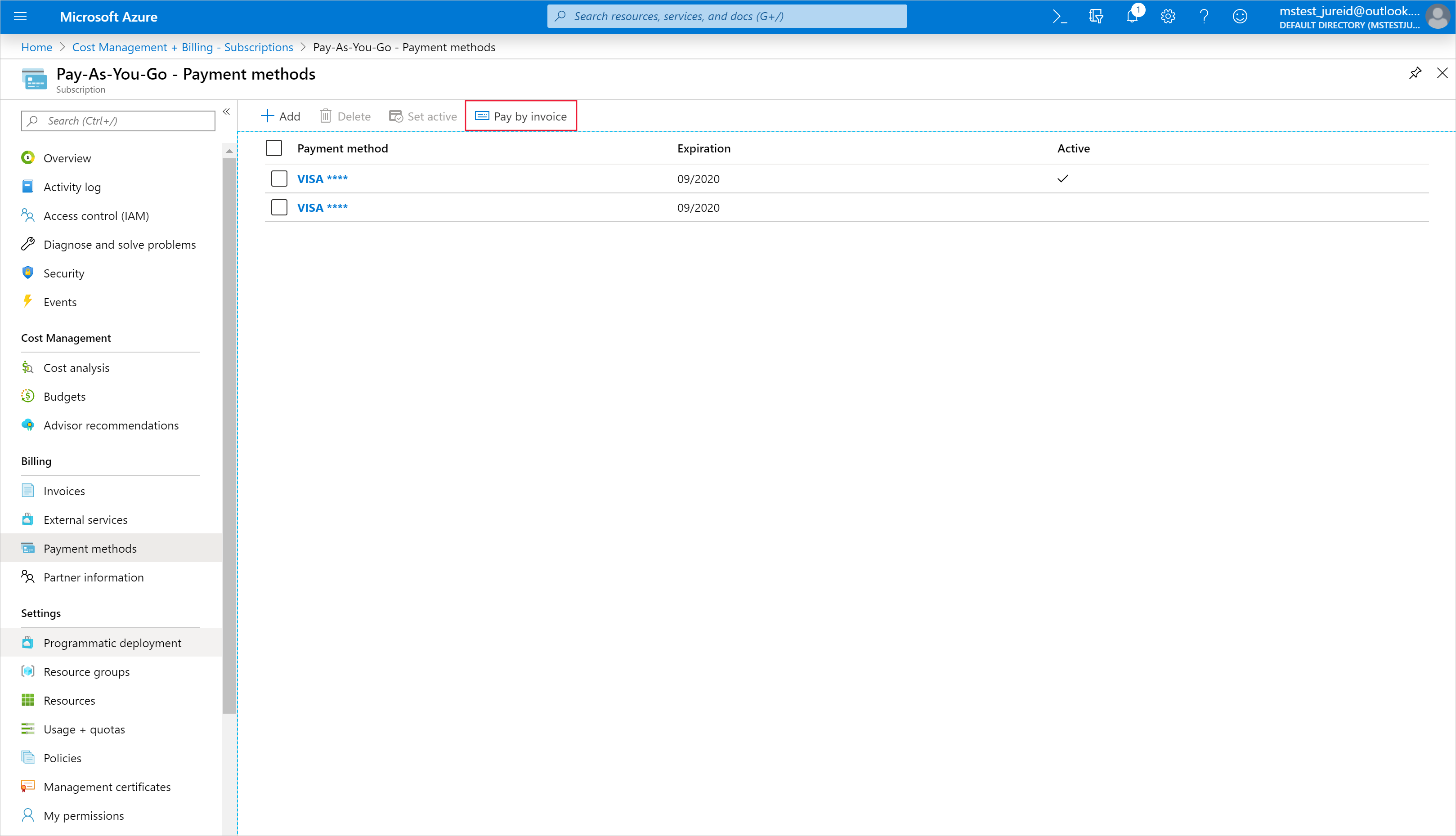 Screenshot showing the Payment methods page with Pay by invoice selected.