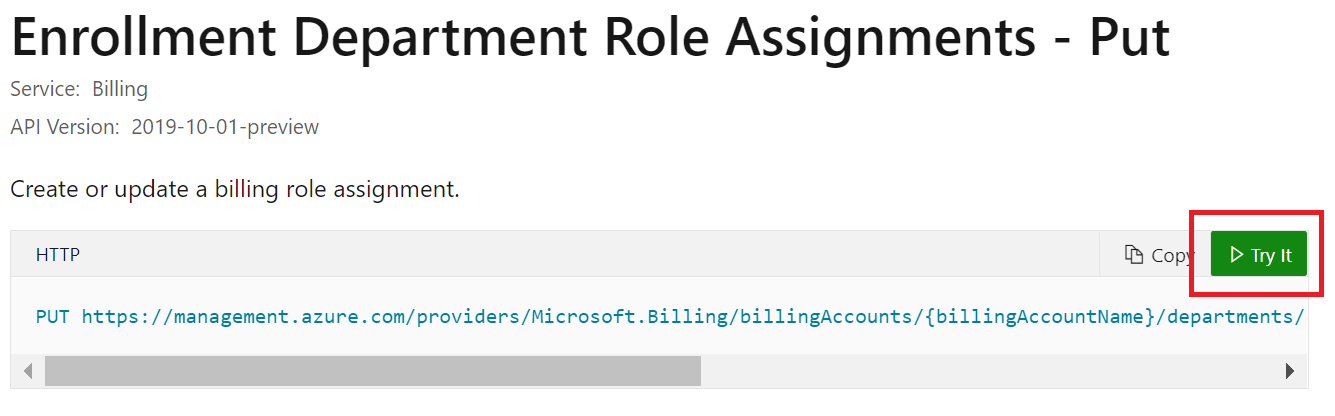 Screenshot showing the Try It option in the Enrollment Account Role Assignments Put article.