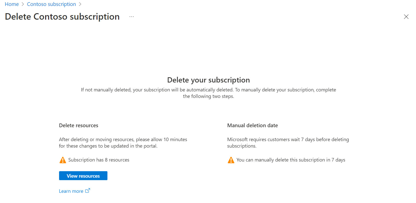 Screenshot showing the Delete your subscription page.