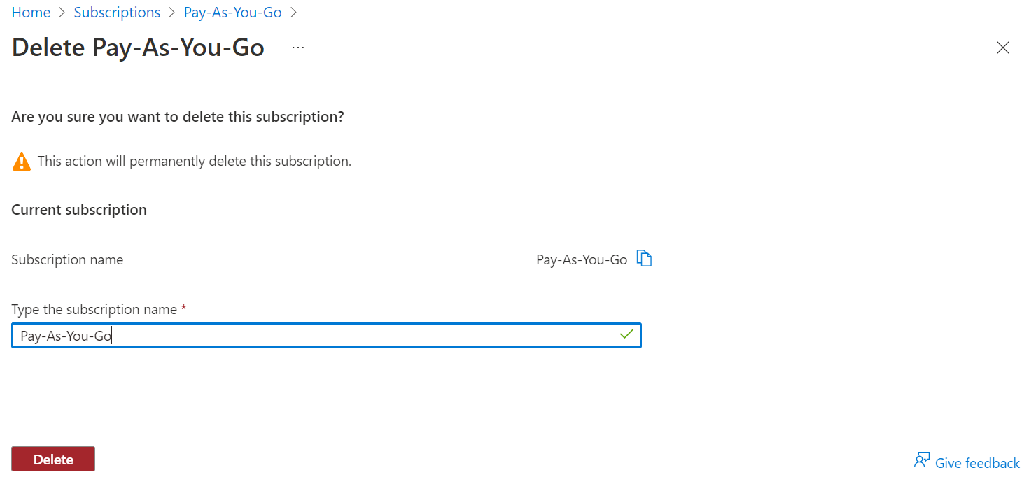 Screenshot showing where you type the subscription name and Delete.