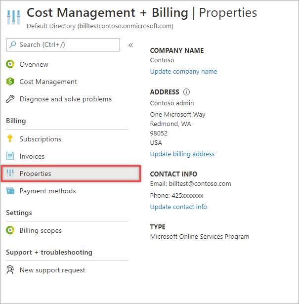 Screenshot that shows MOSP billing account properties