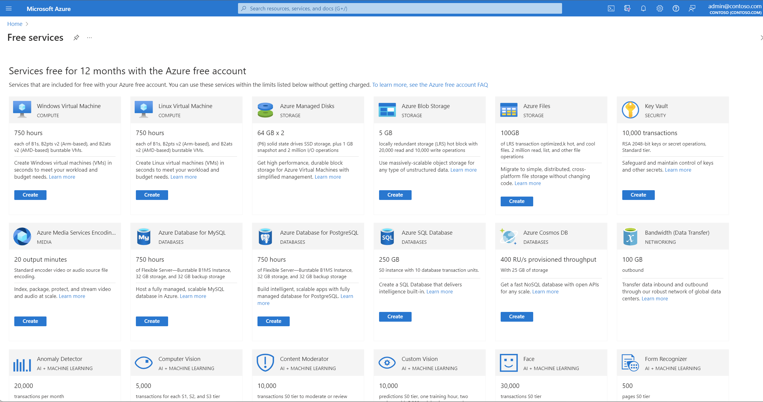 Screenshot that shows free services page