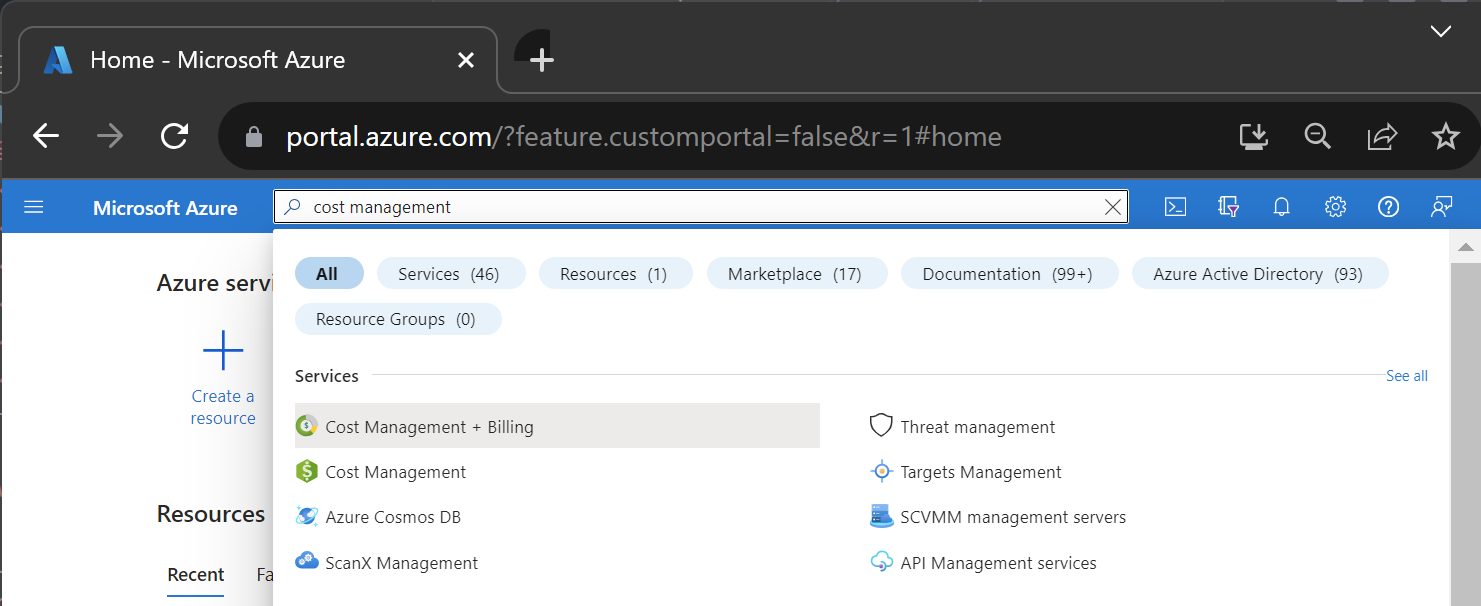 Screenshot that shows Azure portal search.
