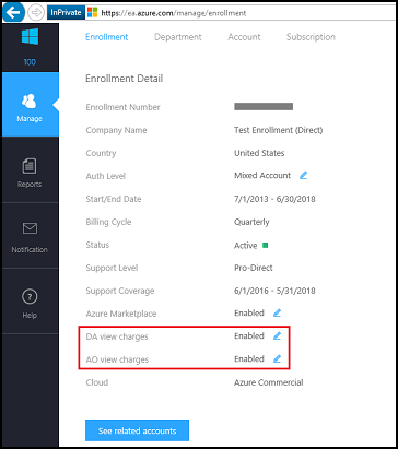 Screenshot that shows the Enterprise Portal Settings for view charges.