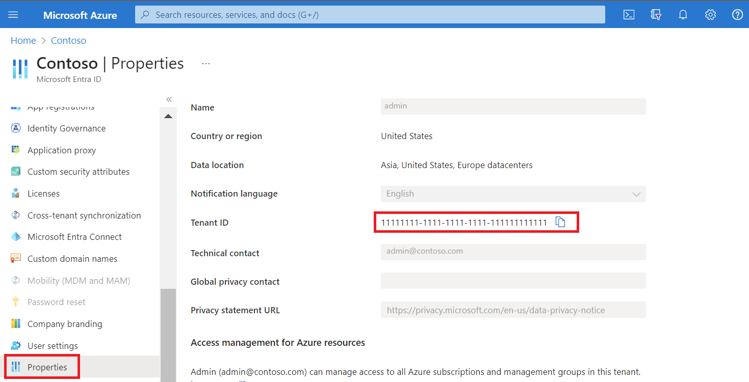 Screenshot showing the Properties page of Azure Active Directory.