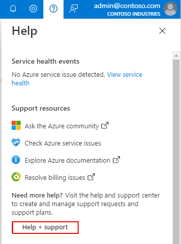 Screenshot of the Help menu in the Azure portal.
