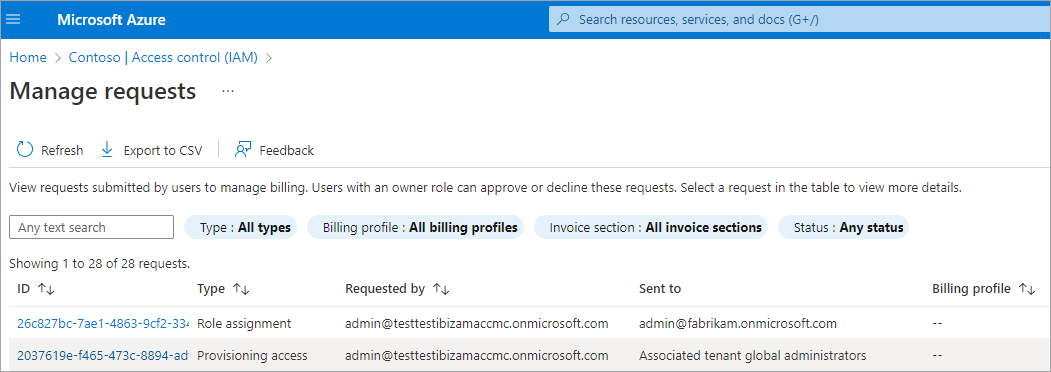 Screenshot showing billing access requests list.